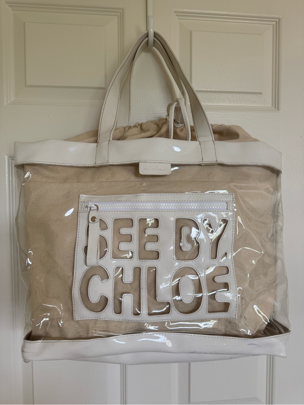See By Chloé “Zip File” Transparent Clear PVC Beach Tote Bag w/ Canvas Liner